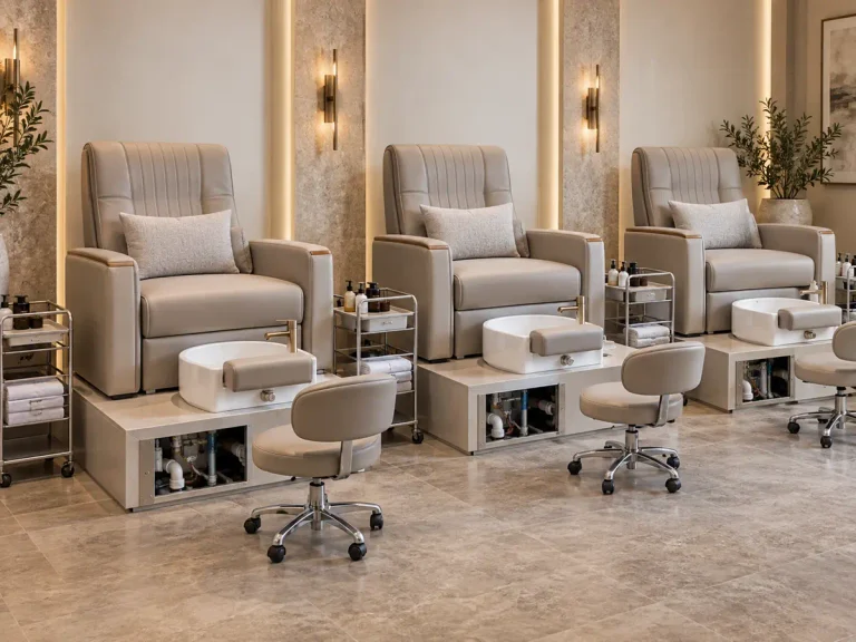 Pedicure chair stations in a commercial nail salon